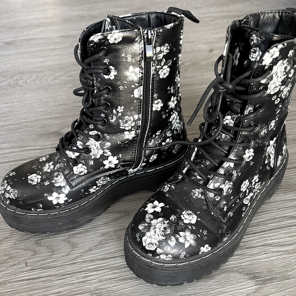 Black & White Floral Combat Boots